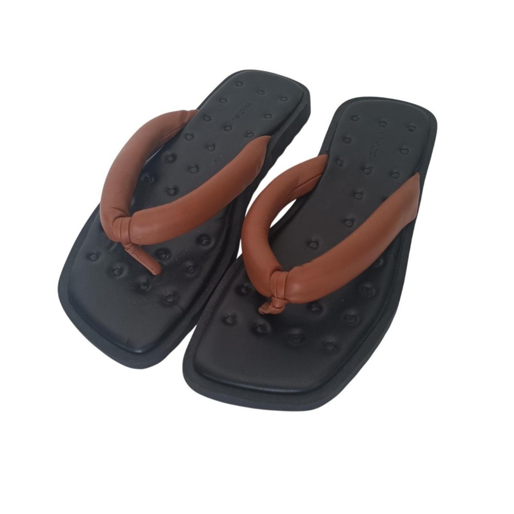 Vince Padded Leather Thong Sandals Womens 8 Brown Black Square Toe Flip Flop
